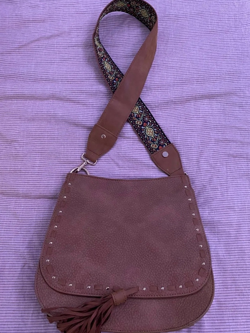 Steve Madden Taupe Suede Crossbody with Patterned Strap